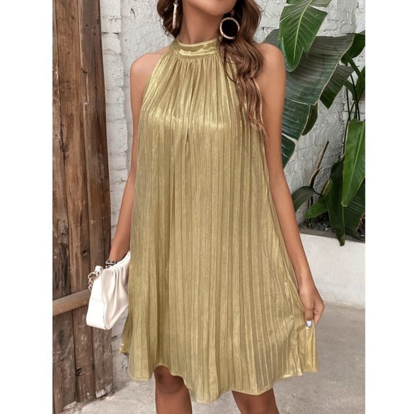 Gold Metallic Pleated Halter Neck tied back Mini Dress - Picture 6 of 7
